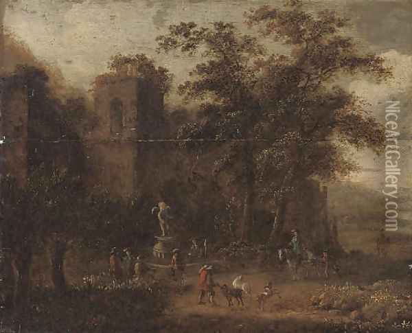 A wooded landscape with shepherds conversing by a fountain, classical ruins beyond Oil Painting - Pieter Bout