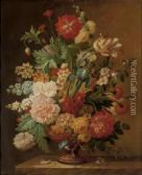 Tulips, Narcissi, An Iris, Convolvulus And Other Flowers In A Sculpted Urn Oil Painting - Jacob van Huysum
