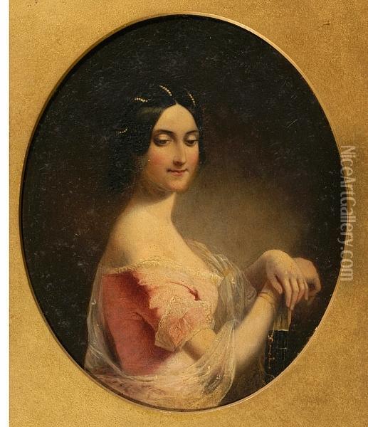 A Portrait Of Mrs Charles Walpole, Standing Half-length In Pink Gown With Pearls In Her Hair Oil Painting - Margaret Gillies