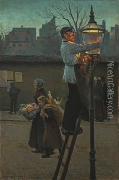Copenhagen Cityscape With Persons Lighting The Lamp Post Oil Painting - Erik Ludwig Henningsen
