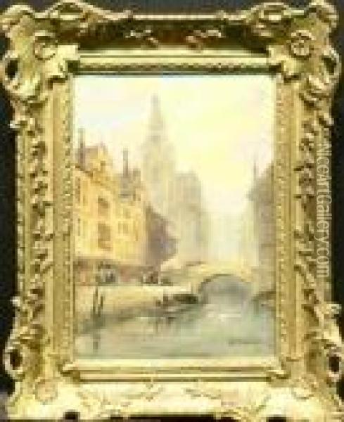 City With Canal Oil Painting - Alfred Montague