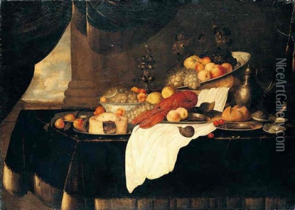 Still Life With Lobster, A Pie, And Various Fruits In Blue And White Bowls And On Pewter Plates Together With A Basket Of Bread, A Wine Glass... Oil Painting - Andries De Koninck