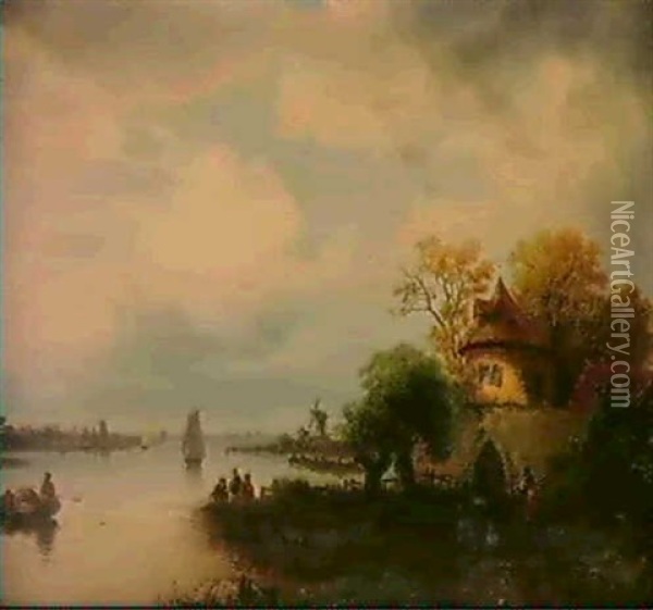 Fischfang Am Flussufer Oil Painting - Julius Bayer