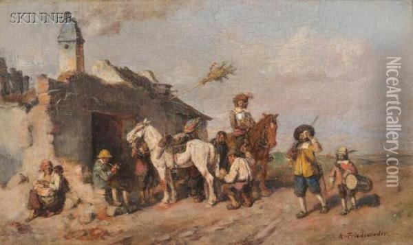 Cavaliers And Horses At A Smithy Oil Painting - Alfred Ritter von Malheim Friedlander