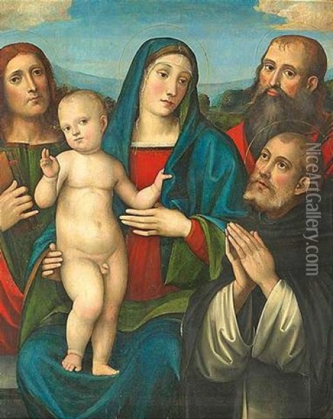 Madonna Mit Kind Und Den Heiligen Johannes D. Taufer, Paulus Und Domenikus Oil Painting - Francesco Francia