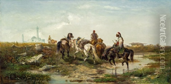 Arabische Reiter Uberqueren Einen Fluss Oil Painting - Adolf Schreyer