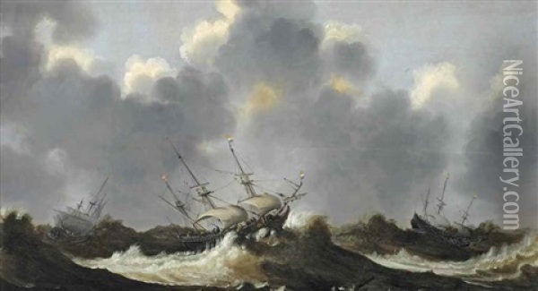 Dutch Three-masters In A Stormy Sea Oil Painting - Aert Anthonisz