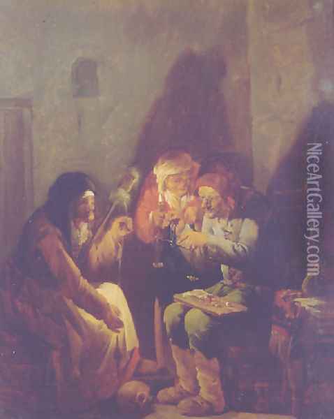 A Vanitas- An old man seated on a barrel weighing gold, an old peasant and a fortune-teller holding a candle, in a barn Oil Painting - Andries Both