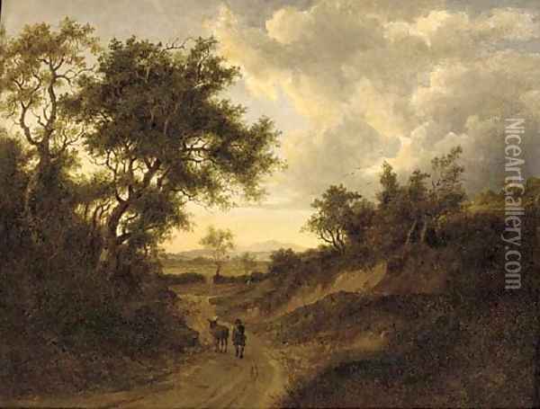 A drover on a wooded track in an extensive landscape Oil Painting - Patrick Nasmyth