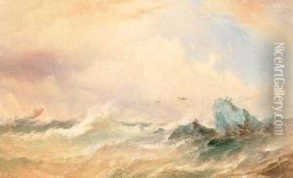 Sailing Vessel In Squally Seas Off A Rocky Coast Oil Painting - Thomas Sewell Robins