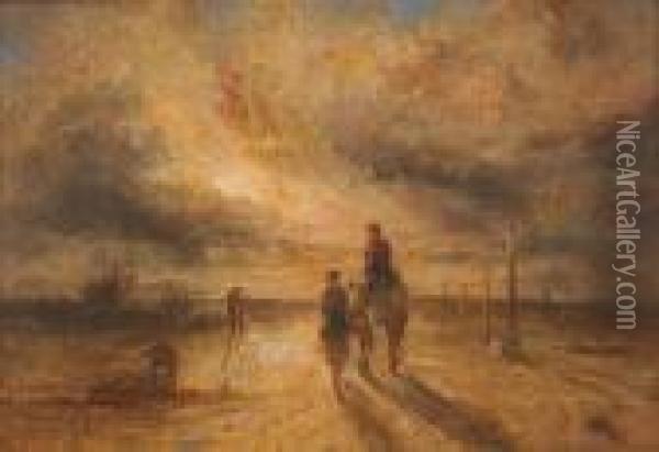 Figures And A Horse At Sunset Oil Painting - William Joseph Caesar Julius Bond
