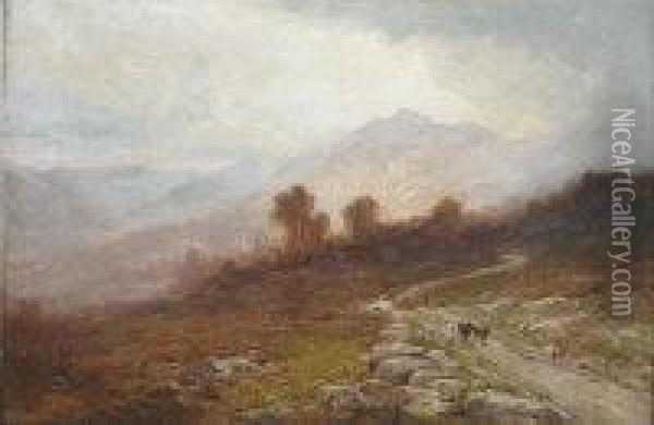 Extensive Landscape With Cattle, Sheep And Shepherd On A Stony Pathway Oil Painting - Alfred Walter Williams