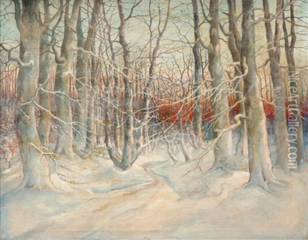 Bos In De Winter Met Ondergaande Zon Oil Painting - Chris Lanooy