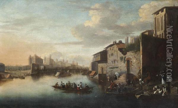 A River Townscape With A Ferry Crossing, Washerwomen And Other Bathers Oil Painting - Orazio Grevenbroeck