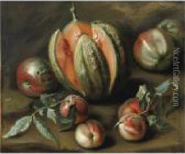 Natura Morta Con Melone, Pomodori, Pesche E Una Mela Oil Painting - Jakob Bogdani Eperjes C