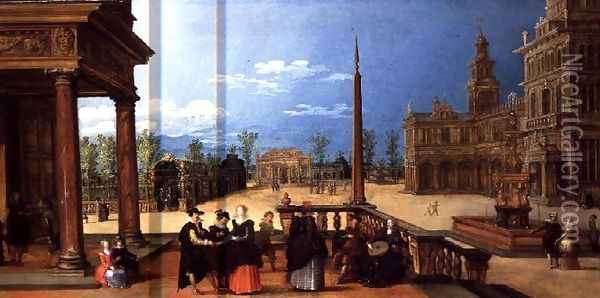 Figures in a Classical Piazza Oil Painting - Louis de Caulery