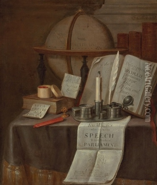Omnia Vanitas: A Book With A Paper Marker Inscribed Vita Brevis Ars Longa, A Glove, An Open Copy Of Description Of The World And Other Objects On A Table Oil Painting - Edward Collier