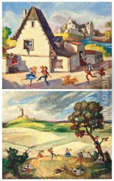 Two Set Designs For 'la Fille Mal Gardee': Act I, Scene 2; And Act Ii, Scene 3 Oil Painting - Sergei Yur'Evich Sudeikin