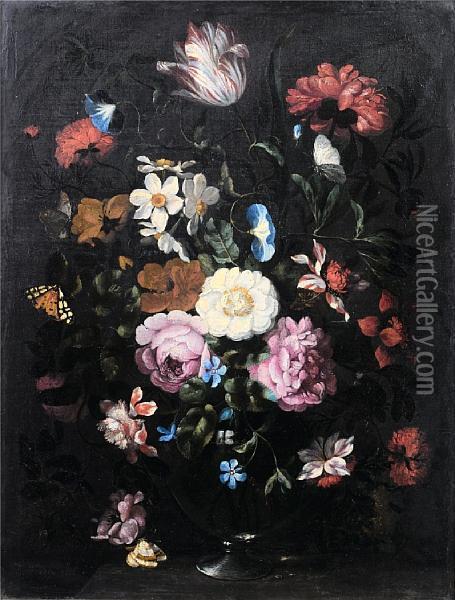 A Tulip, Roses, Convolvulus And Other Flowersin A Glass Vase On A Table Top Oil Painting - Jan Peeter Brueghel