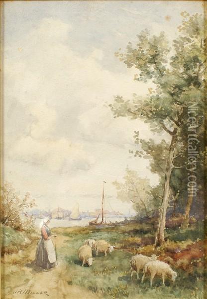 On The Maas - With A Dutch Girl With Sheep Oil Painting - James Robertson Miller