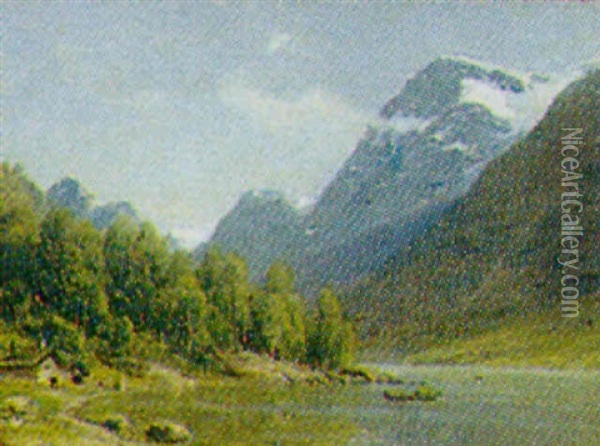 Norsk Bjerglandskab Med Flodlob Oil Painting - Georg Emil Libert