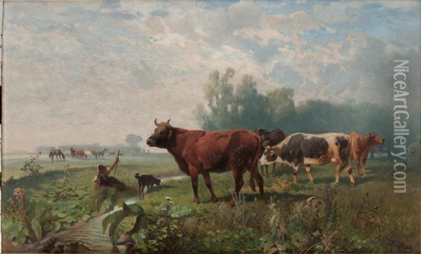 Landskap Med Kor Oil Painting - Hans Johann Haag