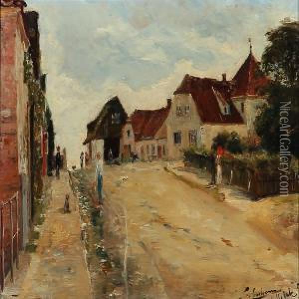 Streetlife In Hellebaek, Denmark Oil Painting - Carl Schlichting-Carlsen