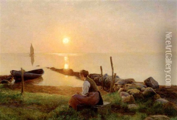 En Ung Pige Betragter Solnedgangen Over Fjorden Oil Painting - Hans Ole Brasen