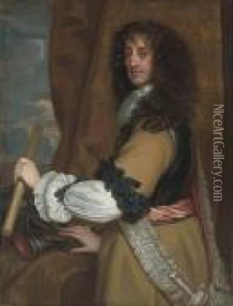 Portrait Of Prince Rupert Of The
 Rhine, Duke Of Cumberland, Three-quarter-length, In A Brown And Black 
Coat Withred Sash, Holding A Marshal's Baton In His Left Hand, Standing 
Infront Of A Gold-brocaded Curtain, In A Landscape Oil Painting - Sir Peter Lely