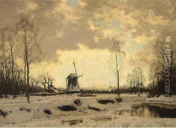 A Windmill In A Winter Landscape Oil Painting - Arnold Marc Gorter