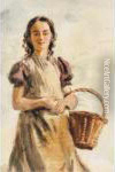 Young Girl With Basket Oil Painting - William Henry Hunt