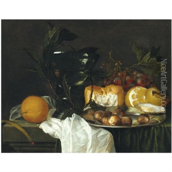 Still Life With A Roemer, A Peeled Lemon, Bread, An Oyster And Chestnuts On A Pewter Dish, Grapes, A Taper And An Orange On A Ledge Partly Draped With A White Cloth Oil Painting - Jan Davidsz De Heem