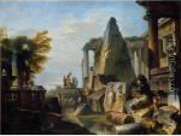 A Philosopher And Soldiers Amongst Ancient Ruins Including The Pyramid Of Gaius Cestius Oil Painting - Giovanni Niccolo Servandoni