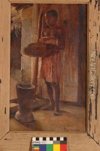 A Tsonga Girl Holding A Winnowing Basket Oil Painting - Frans David Oerder