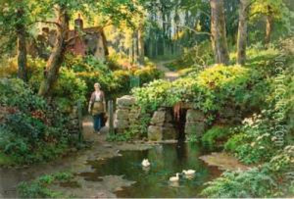 The Wooded Track; And A Young Girl Beside A Duck Pond Oil Painting - Ernest William Haslehurst