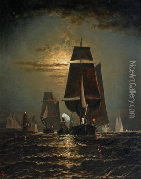 Sailing By Moonlight Oil Painting - Elisha Taylor Baker
