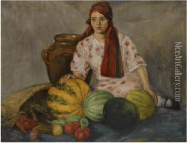 Ukrainian Girl With Fruit Oil Painting - Evgeny Osipovich Bukovetsky