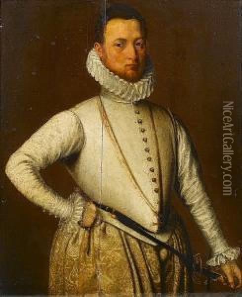 Portrait Of A Gentleman, 
Standing, Three-quarter-length, In A White Doublet And Gold Brocade Hose Oil Painting - Pieter Pourbus