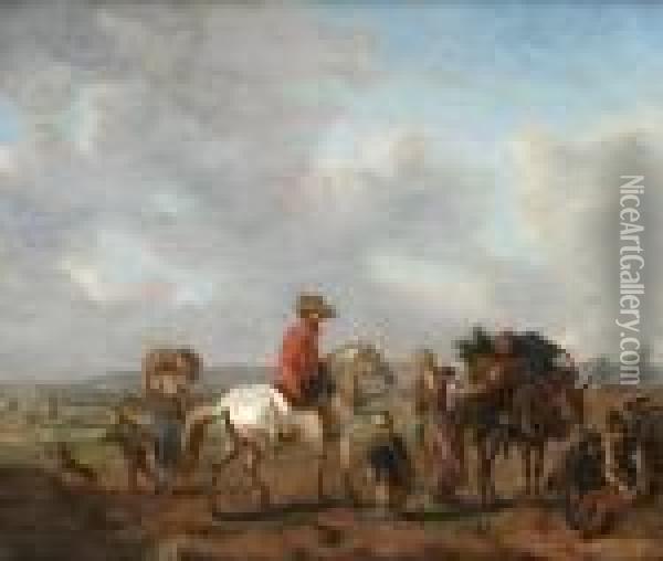 Landskap Med Ryttare Pa Vit Hast, Packasna Och Figurer Oil Painting - Pieter Wouwermans or Wouwerman