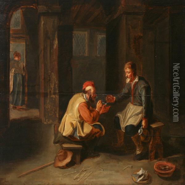Innscene With Two Men Smoking Pipes Oil Painting - Abraham Diepraam