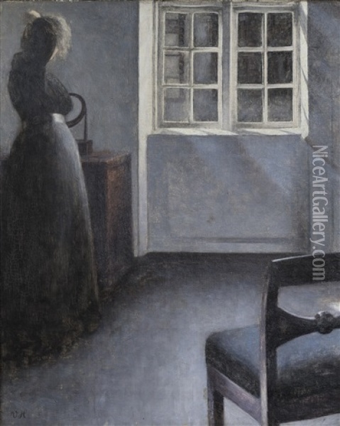 Woman Before A Mirror, Strandgade 30 Oil Painting - Vilhelm Hammershoi