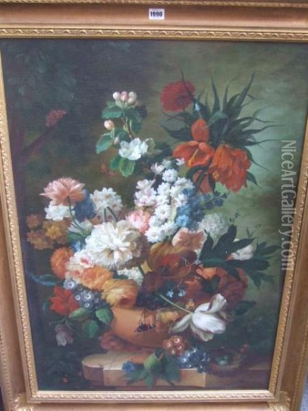 Still Life Of Summer Flowers In An Urn On A Marble Ledge Oil Painting - Jan Van Huysum