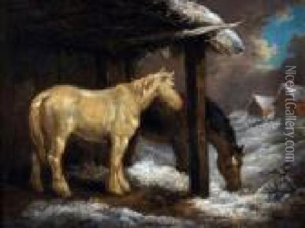 Horses In Winter Oil Painting - George Morland