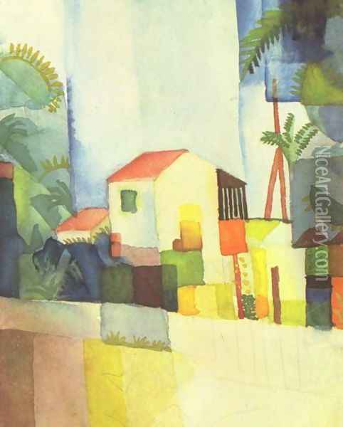 A House Oil Painting - August Macke