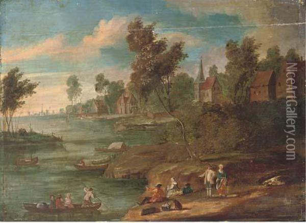 A River Landscape With Figures At Rest On The River Bank Oil Painting - Marc Baets