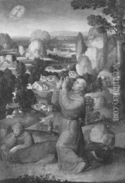 Der Heilige Franziskus Von Assisi Empfangt Durch Das Kruzifix Am Himmel Die Stigmata Oil Painting - Adriaen Isenbrant