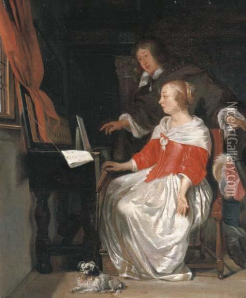 A Music Lesson Oil Painting - Eglon Hendrick Van Der Neer
