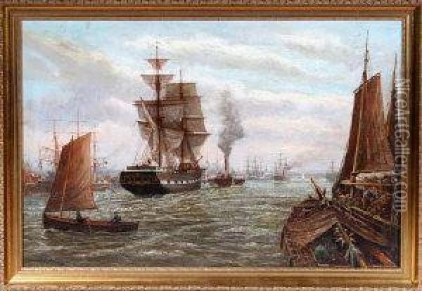 The Trading Brig Die Zwillinge Of Rostock Leaving The Port Of North Shields Under Tow Oil Painting - Bernard Benedict Hemy