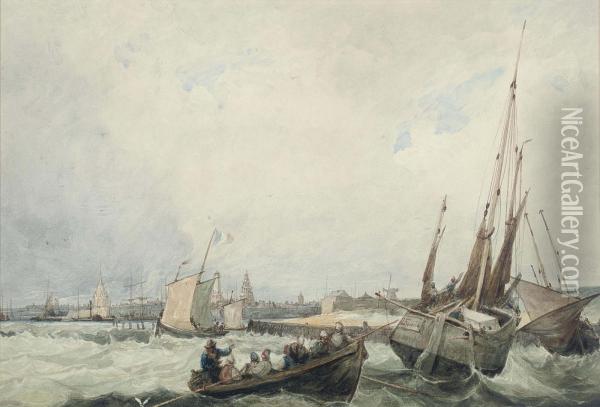 A Blustery Day Off The Harbour At Calais Oil Painting - Francois Louis Thomas Francia