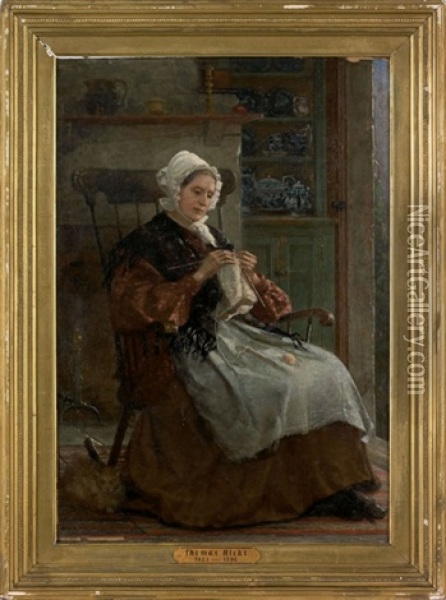 Interior Scene With A Woman Knitting Oil Painting - Thomas Hicks